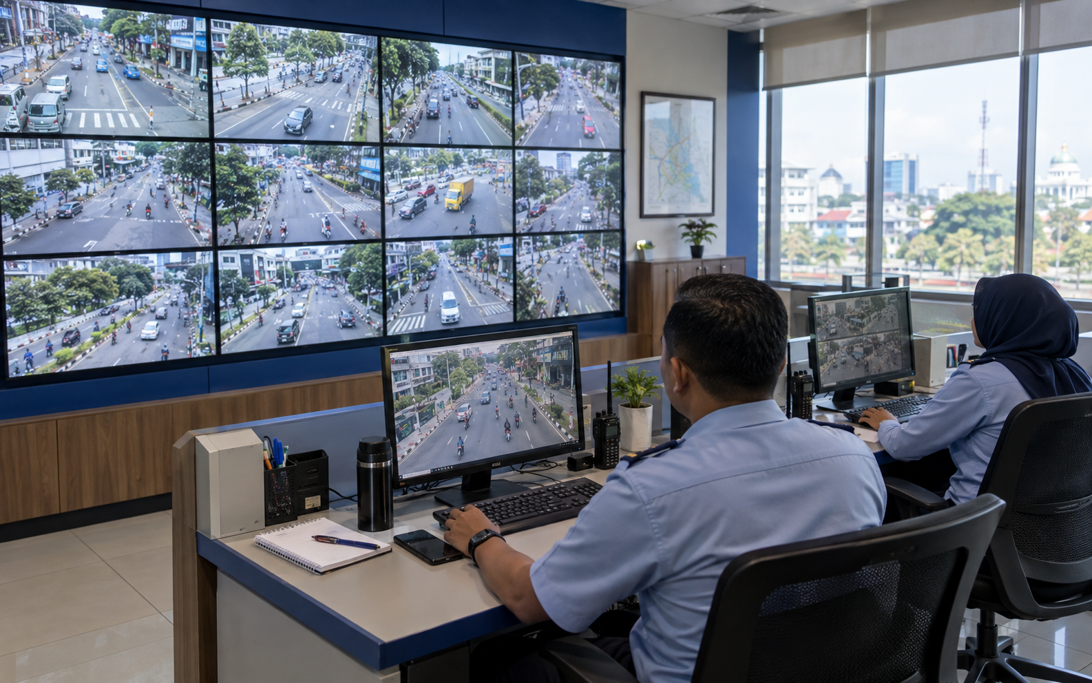 Ilustrasi petugas memantau lalu lintas melalui beberapa layar CCTV di ruang kendali